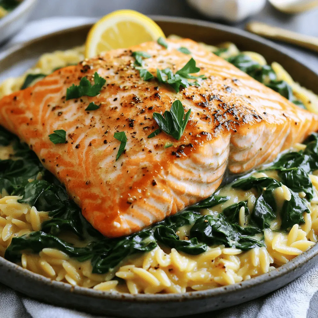 Creamy Garlic Butter Salmon with Spinach and Orzo Dish